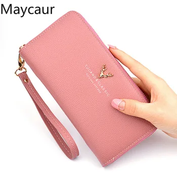 

Maycaur Zipper Solid Color Metal Deer Head Long Women Wallets Fashion Classic Antlers PU Leather Wallet Card Phone Storage Purse