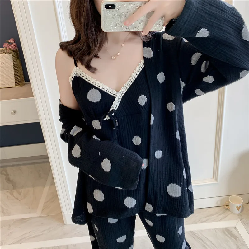 

2019 Autumn Winter Sleep Lounge Cotton Sleepwear Women Pajamas Set Pyjamas Nightwear 3 Pieces Nightwear Ladies Lace Homewear