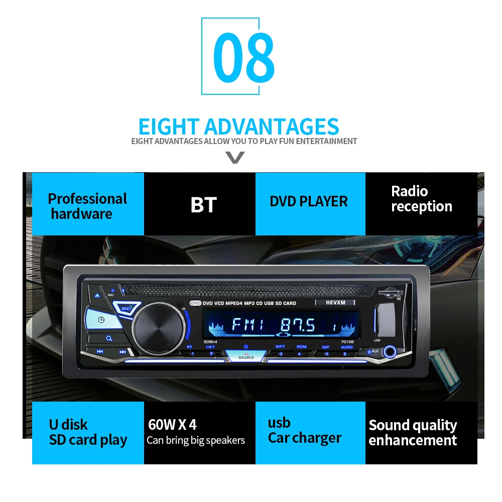 Один 1 Din 12V автомобильный DVD CD-плеер с BT 7010B Автомобильный MP3 стерео-гарнитура Авторадио аудио Радио беспроводной пульт дистанционного управления