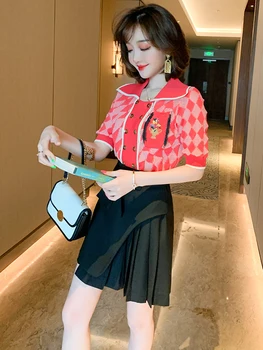 

Trendy Vintage Lapel Rhombic Jacquard Knitted Top + Stitching Pleated Overskirt Suit, Female Fashion Summer New Style