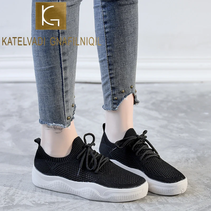 KATELVADI/женские черные кроссовки Дышащая Летняя обувь на платформе Женская