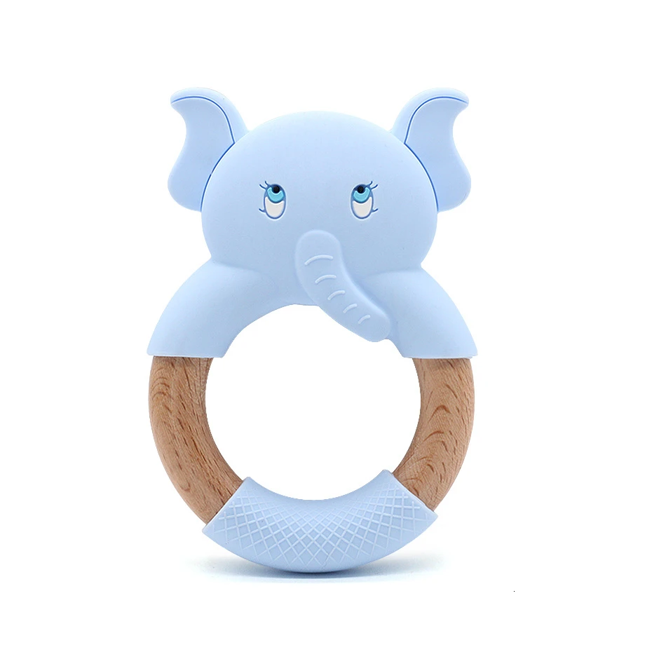 Silicone Sheep Elephant Beech Wooden Teether Wooden Teething Ring Cute Baby Rattles Teething Toy For Baby Nursing Pendant - Color: Blue