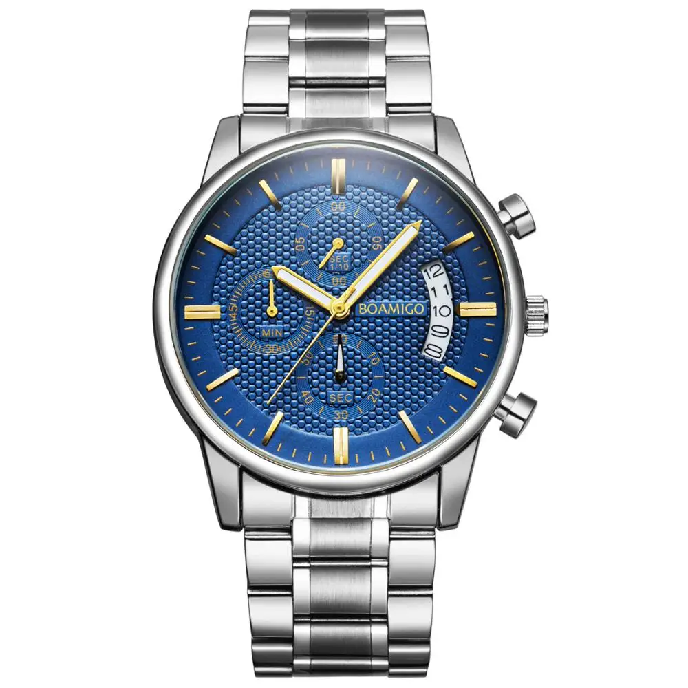 BOAMIGO мужские часы с хронографом спортивные мужские s часы лучший бренд класса люкс водонепроницаемые полностью Стальные кварцевые золотые часы мужские Relogio Masculino - Цвет: F933Bsilverblue