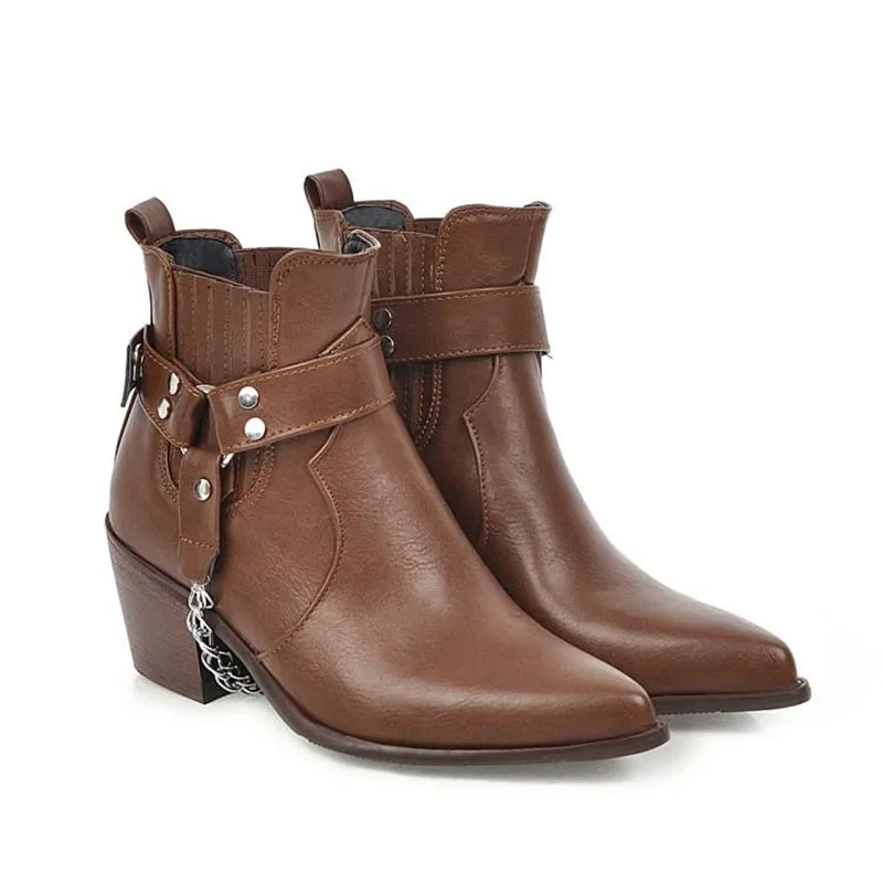 

B2-11 Size 33-48 Female Chain Anke Buckles Ankle Boots Ladies Solid Color Slip-on Boot Woman High Heels Shoes Women Dress Shoe