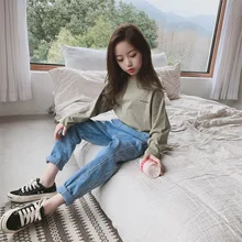 Детская одежда в Корейском стиле; коллекция года; Детская осенняя одежда; джинсы для девочек; Повседневная Спортивная одежда на гусеничном ходу