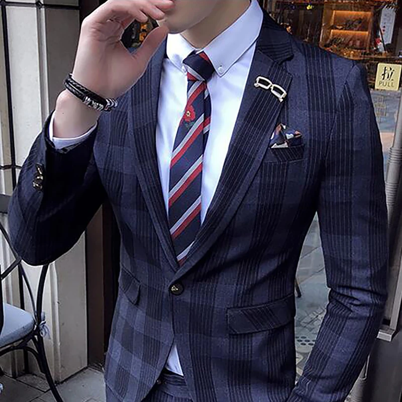 Only Blazer blue Решетчатые мужские вечерние костюмы мужская сценическая одежда мужские s облегающие костюмы для выпускного вечера обтягивающие 2 шт мужской костюм, пиджак Trajes Azul Hombre Smoking Uomo - Цвет: Only Blazer blue