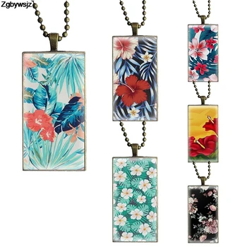 

For Women Handmade Girls Summer Leaves Hibiscus Flower Steel Color Glass Cabochon With Rectangle Shaped Pendant Choker Necklace