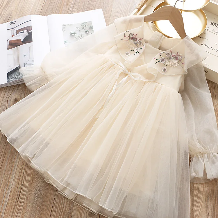 Сказочный Стиль, весеннее платье принцессы в национальном стиле с цветочной вышивкой, Сетчатое трикотажное платье, платья для маленьких девочек