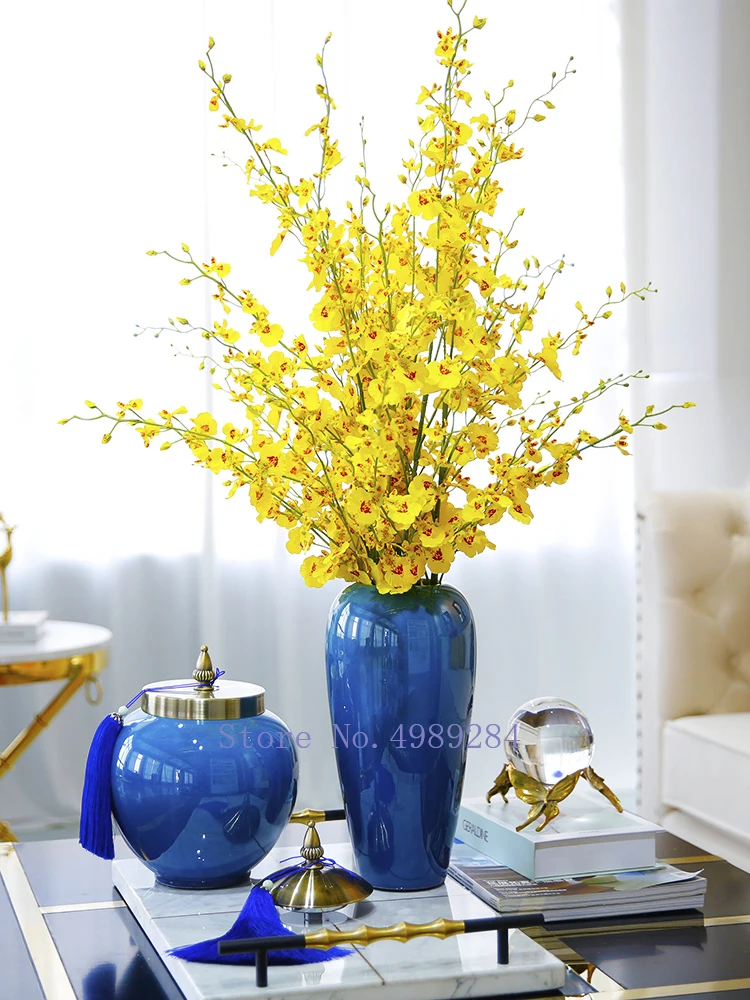 Креативная керамическая ваза Ретро синяя кисточка с крышкой Цветочная композиция аксессуары гидропоника украшение дома цветы вазы