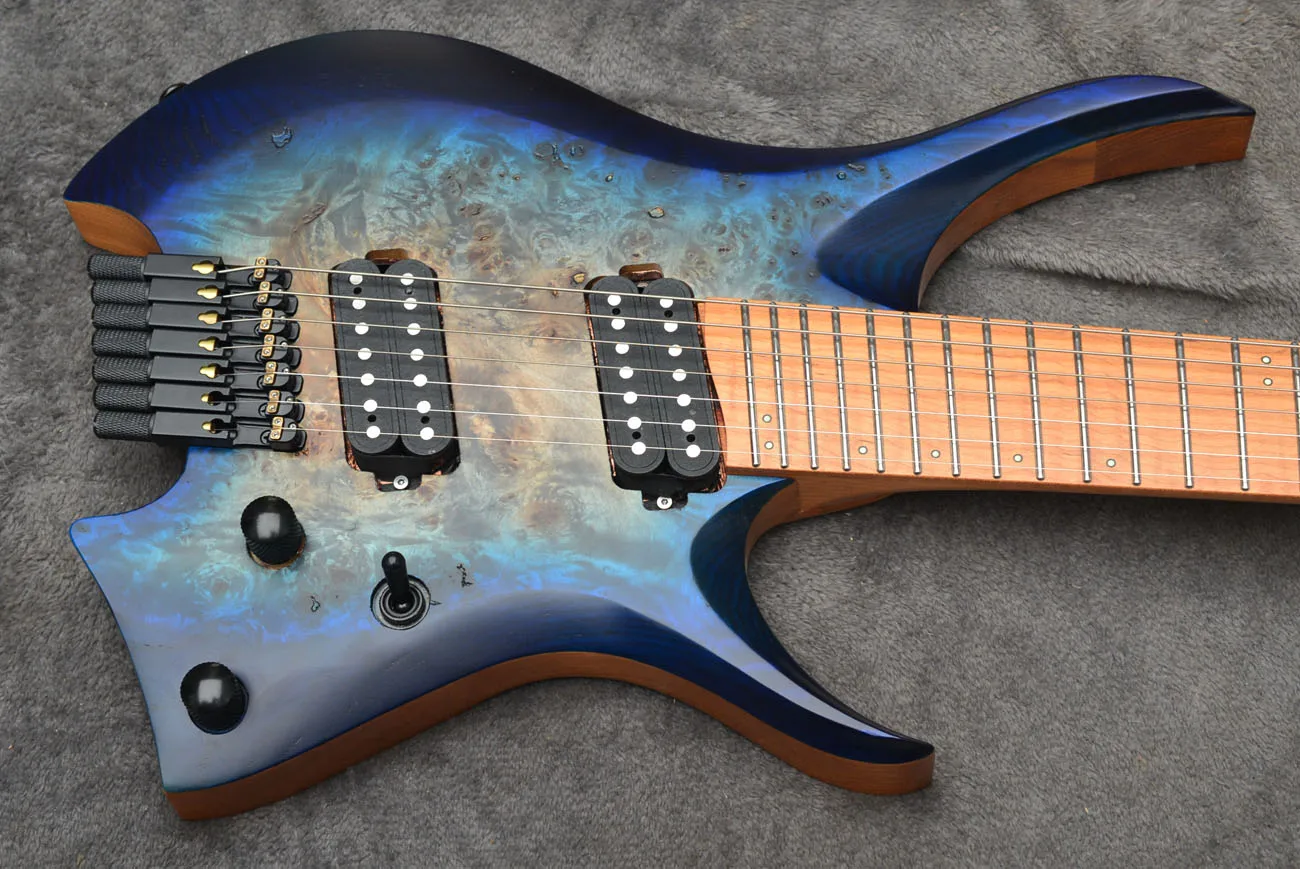7 Strings Headless Electric Guitar Fanned frets Roasted Maple Neck Ergonomic asymmetric neck blue burst color headless electric guitar