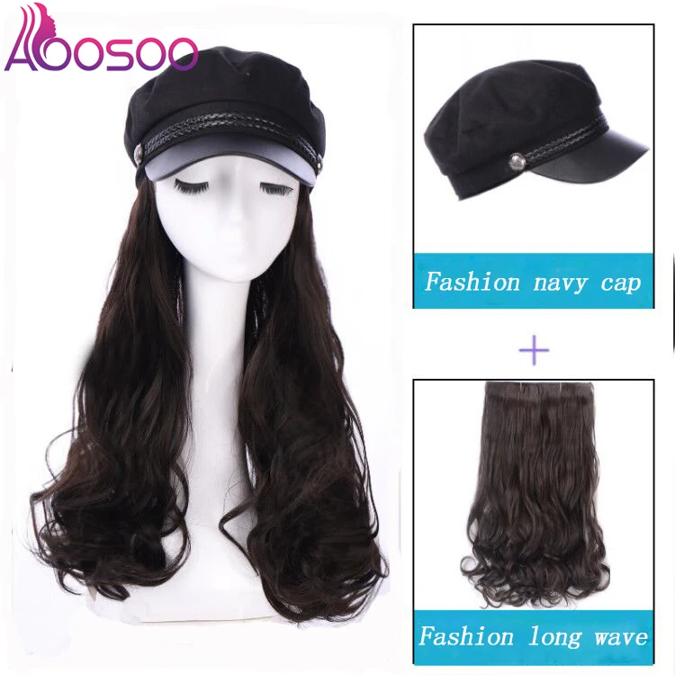 

AOOSOO Adjustable Hats wig long Wavy synthetic hair Extensions With Navy cap Wig All-in-one for white women navy Cap hat