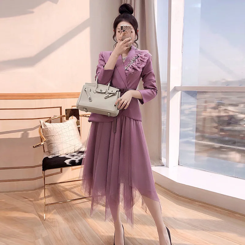 2024 New Women Oversized Suit Long Coat Mesh Skirt Two-Piece Set Autumn Spring Female Elegant Solid Blazer Dress Suits With Belt