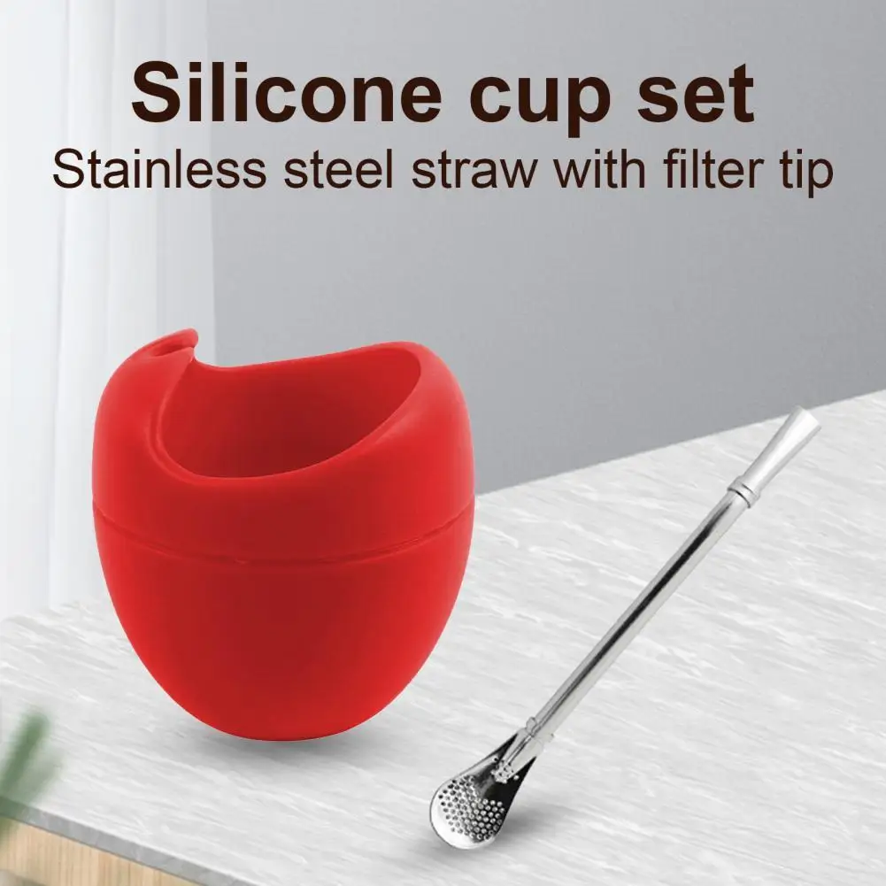 Yerba Mate Tea Cup Reusable Mate Tea Cup Filter Portable Silicone Bombilla Stainless Steel Straw Drink