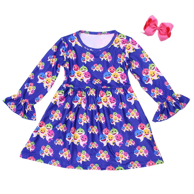 

Cute Baby Girls Dress Christmas Party Girls Dress Milksilk Blue Long Sleeve Colorful Sea Animals Printed Kids Clothes With Bow