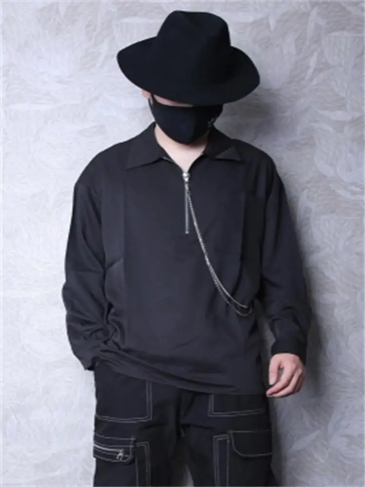Men's Long-Sleeve Shirt Spring And Autumn New Gothic Pullover Metal Zipper Decoration Casual Loose Oversized Shirt