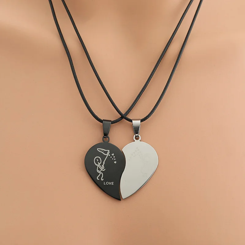 2pcs/Set Couples Jewelry Broken Heart Necklaces Stainless Steel Engrave Love You Pendants Necklace Valentine