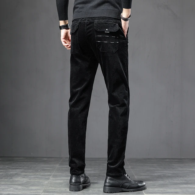 Black Gray Fleece Men Casual Pants Corduroy Thicken Man