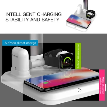 

4-In-1 Wireless Charging Pad For IPhone IWatch Earphone Smart Charger Foldable Desk LED Lamp Dimmable 3 Modes Touch Control