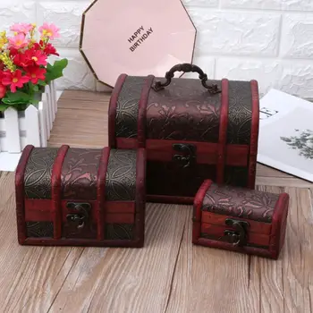 

3Pcs Vintage Wooden Treasure Chest Box Decorative Wood Storage Trunk for Pirate Jewelry Keepsake Toy Carved Flower Box