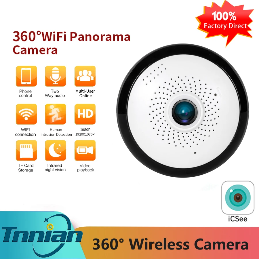 ICsee 360 Degrees Fisheye Wifi Ip CCTV Camera 1080P VR Wireless Panoramic Indoor Home Security With SD Card Slot | Безопасность и