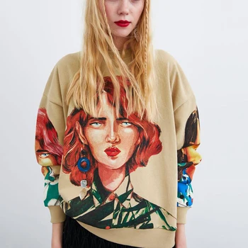 

Autumn O Neck Long Sleeve Pullover Knitted Oversize Hoodie Sweatshirts Harajuku Streetwear Character Print Women Sweatshirt