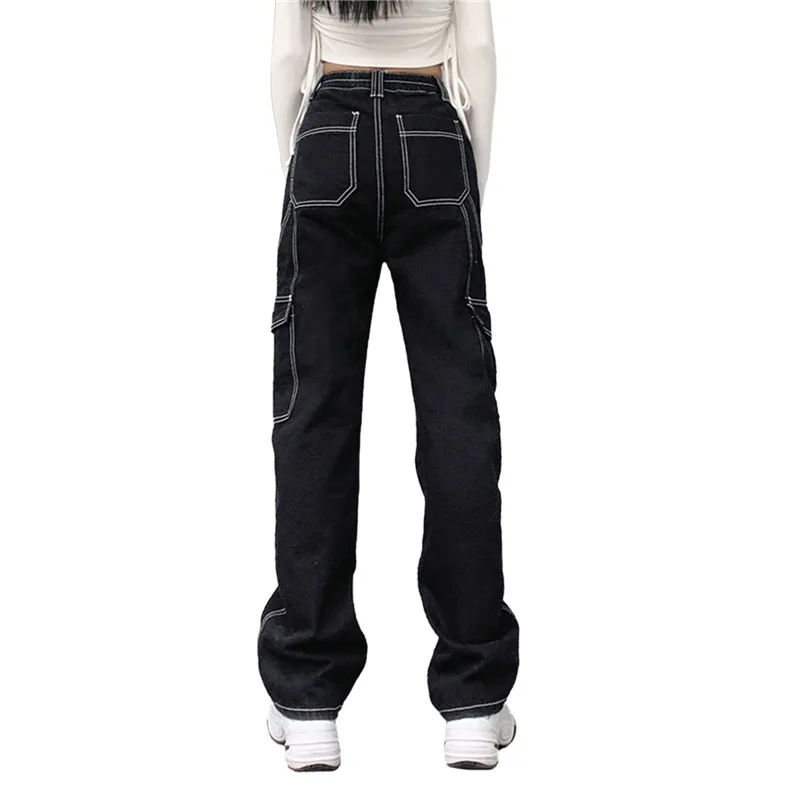 

Women Pockets Patchwork High Waist Jeans Women Streetwear Straight Jean Femme Black 100% Cotton Cargo Pants