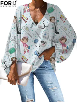 

FORUDESIGNS Harajuku style Cartoon Cute Nurse Pattern Blouse 2019 Casual Loose Long Sleeve Shirt Tops Plus Size V-neck