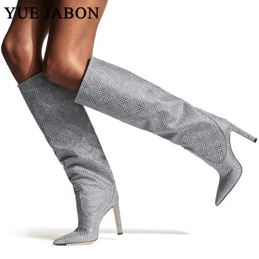 

YUE JABON genuine leather big size thick handsome long boots med heel square toe women keep warm riding knee-high boots women