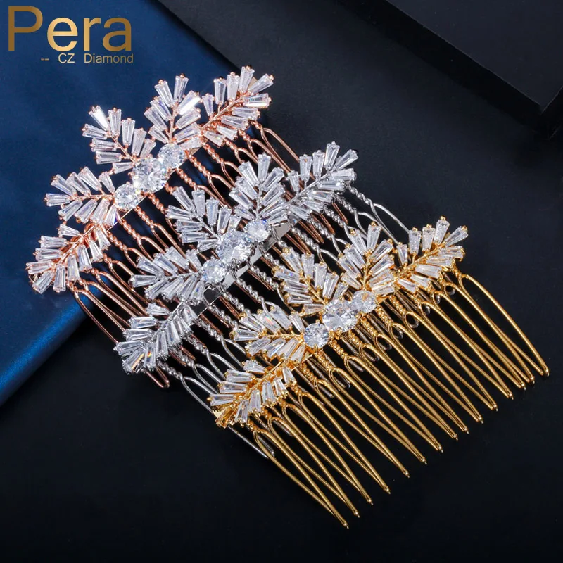 Pera Luxury Yellow Gold Color Leaf Shape Elegant Bridal Wedding Hair Combs Pins Accessori Per Le Donne Cz Zirconia Jewelry H010