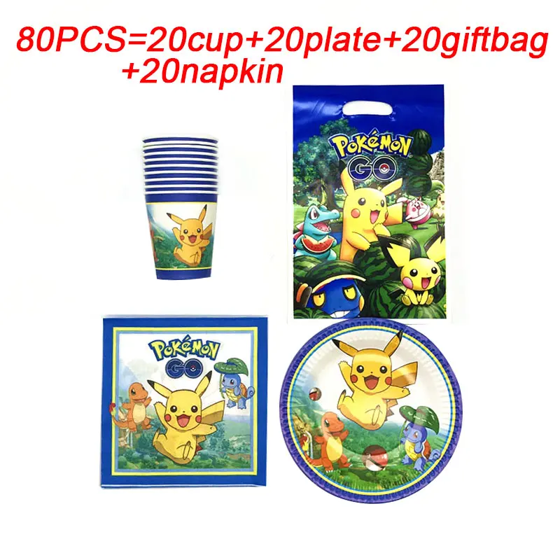20 человек Дети День рождения Пикачу Pokemon Go Funning вечерние Наборы украшения бумажная гирлянда тарелка чашки флаги принадлежности для душа ребенка - Цвет: beipanlizhi-80pcs