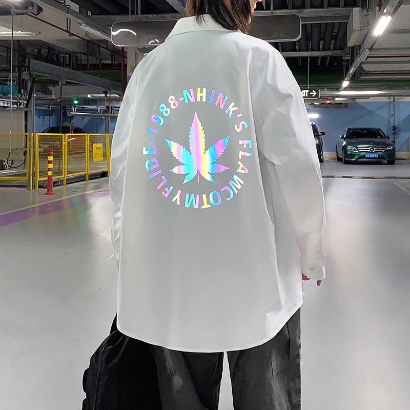 

Womens Reflective Pattern Long Sleeve Shirts Korean Fashion Clothing for Ladies Blouse and Tops with Maple Leaf Print Streetwear