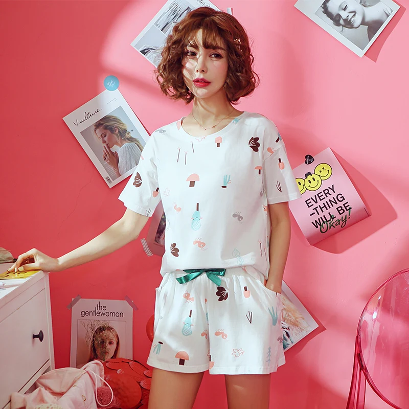 

Cotton pajama set for women Graphic Printed T-shirt +Shorts PJS Round Neck Short Sleeve Set 2020 Summer ladies Sleepwear suit