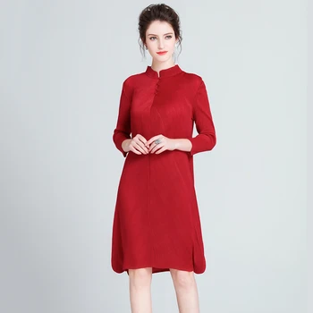 

LANMREM pleated dresses Chinese-style buckle stand collar three-quarter sleeve loose summer new elastic casual clothes YJ502