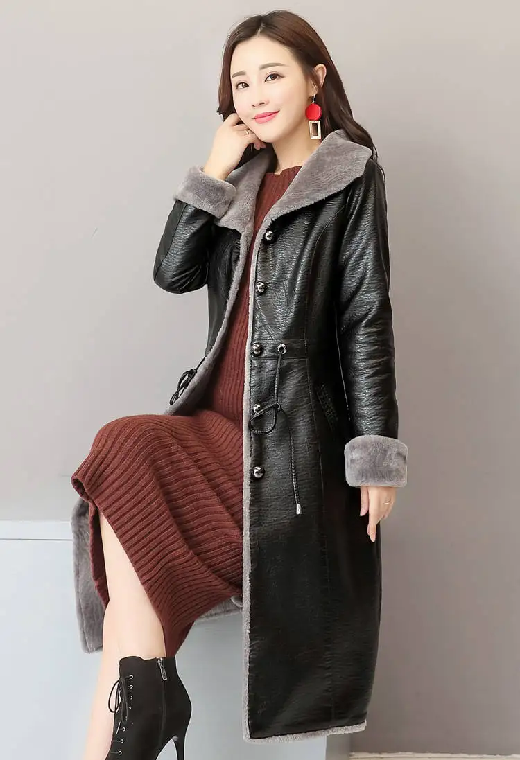Женское длинное пальто из искусственной кожи с искусственным мехом, повседневное приталенное пальто размера плюс 5XL, Черная куртка с воротником из искусственного меха, пальто casaco