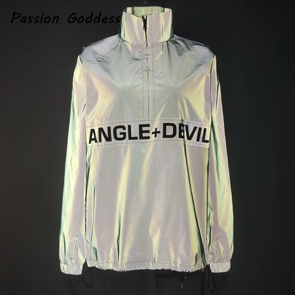 

Casual Women Reflective Zipper Jackets Letter Printed Loose Luminous Jacket Jogger Windbreaker Feminino Cool Drawstring Outcoats
