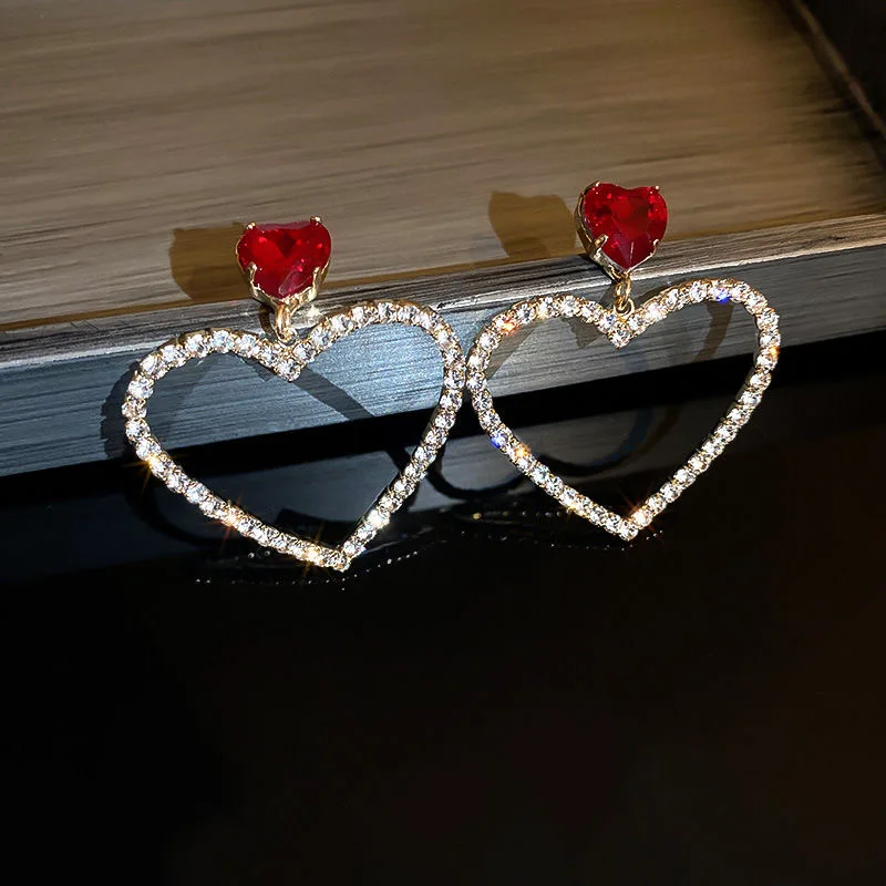Drop Earrings Korean Fashion Jewelry Shining Rhinestone Hollow Heart Drop Earrings for Women Girls Vintage Red Crystal Earrings crystal earrings