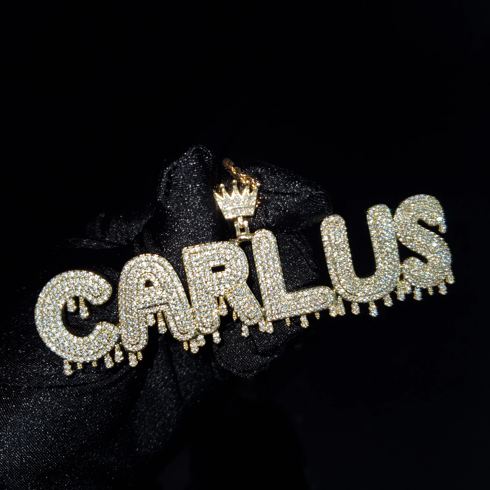 Custom Name Crown Bail Drip Initials Bubble Letters Pendant