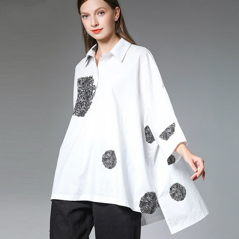 

2019 New Spring Summer Lapel Long Sleeve Dot Printed Back Long Big Size Oversize Shirt Women Blouse Fashion Tide JS112
