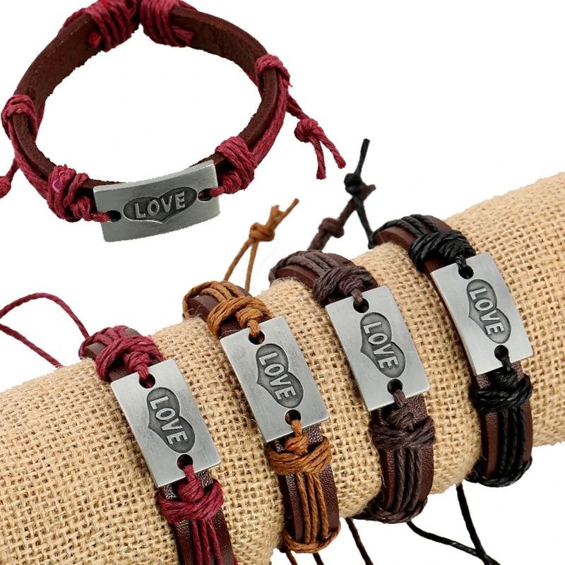 

2019 New Love Alloy Leather Bracelet Punk Bracelet Hand-woven Rope Charm Bracelets for Women Fashion Jewelry Christmas Gift