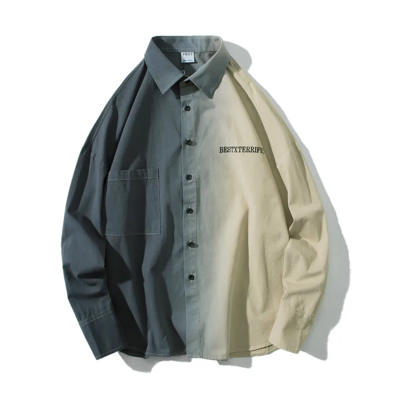Новая Осенняя гавайская рубашка с надписью camisa, с вышивкой, в японском стиле, уличная, в стиле хип-хоп, длинная, свободная, тонкая, мужская, серая, хаки