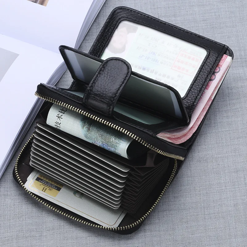 

Man Bag Genuine Leather Purse Driver's License Wallet Rfid Male Card Holder Anti-theft Brush Zipper bag Multi Wallet Unisex