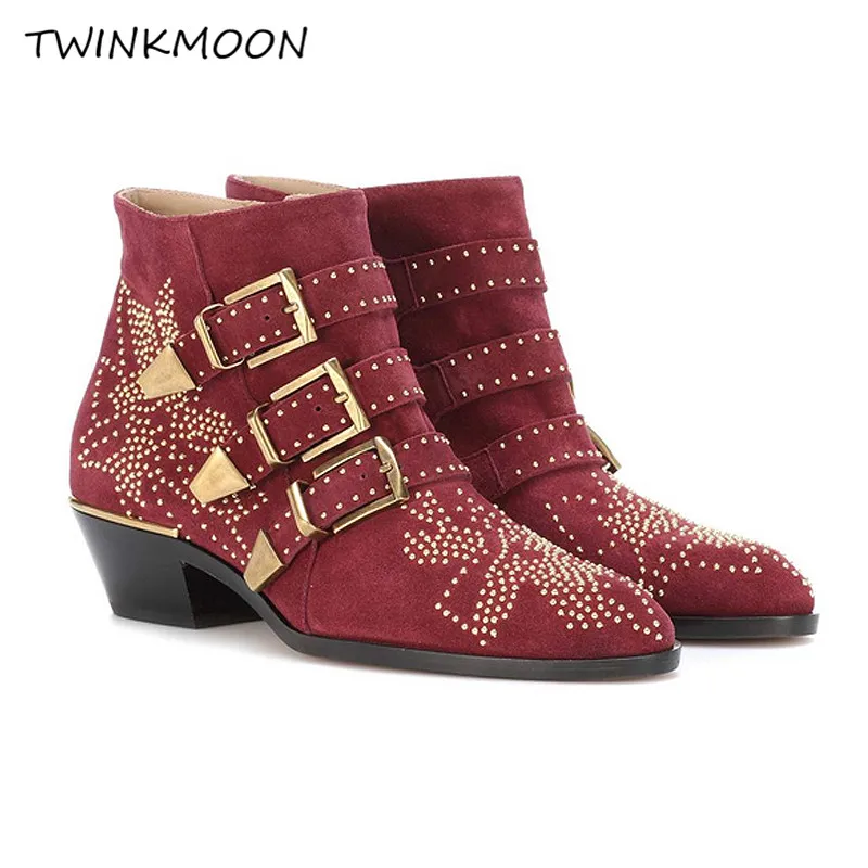 

Leather Stud Ankle Boots Vintage Velvet Buckle Women's Booties Low Heel Wedges Punk Casual laarzen dames