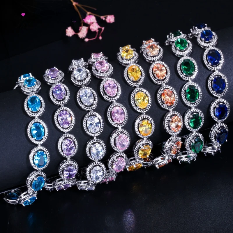 

925 Silver Charm Classic Oval Bracelets AAA Cubic Zircon 7 Colors for Women Elegance Wedding Party Birthday Jewelry Gift Bangle