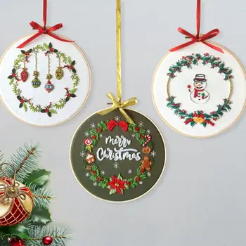

Christmas DIY Embroidery Starter Kit with Xmas Themed Pattern Embroidery Hoop Cotton Linen Cloth Thread Needlework Sewing Craft
