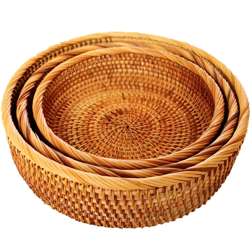 

Hadewoven Round Rattan Fruit Basket Wicker Food Tray Weaving Storage Holder Dinning Room Bowl (3-Size Kit)