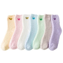 Горячая Распродажа, женские зимние утепленные, теплые, с вышивкой, kawaii, с бантиком, милые, для сна, женские, хлопковые, плюшевые, милые носки для мужчин