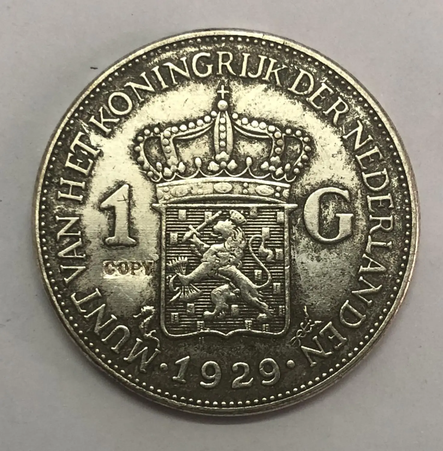 1929 Нидерланды 1G Queen Wihelmina Посеребренная копия монет специального