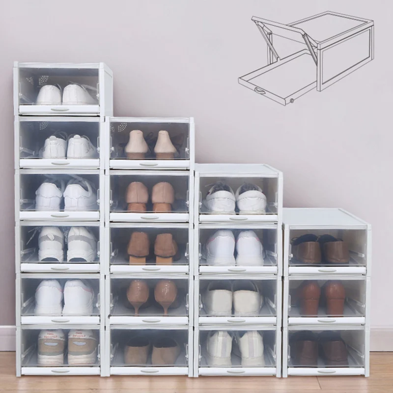 

3PCS Plastic Transparent Shoes Storage Box Household Shoes Finishing Box Stackable Drawer Type Flip Storage Box cc