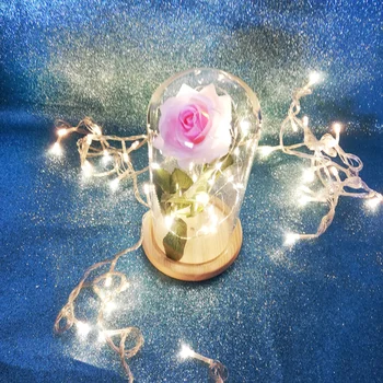 

Decoration Use Glass Cover Artificial Red Rose with LED String Flower in Glass Dome Gift for Wedding Birthday Valentine's Day No