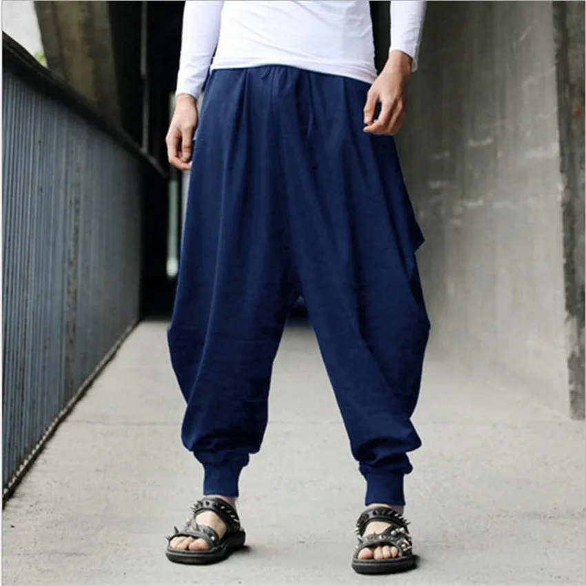 Chinese Style News Cotton Haroun Trousers Loose Casual Traditional Chinese Clothing for Men Hakama Samurai Costume Hip Hop, chinese dress, mens casual pants